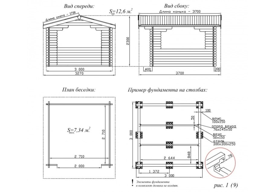 Чертеж деревянной беседки 3х4