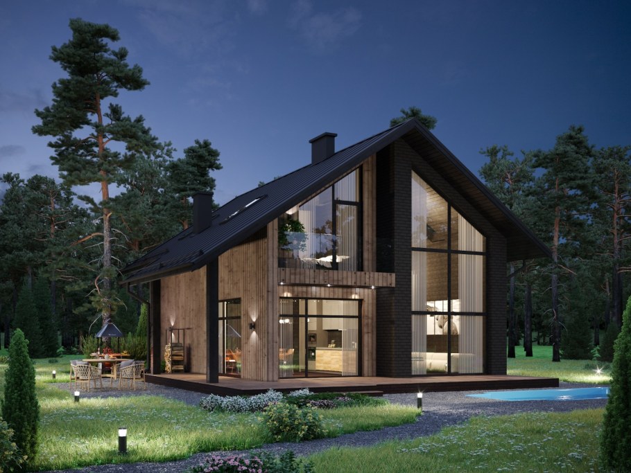 Одноэтажный дом в стиле лофт с панорамными окнами