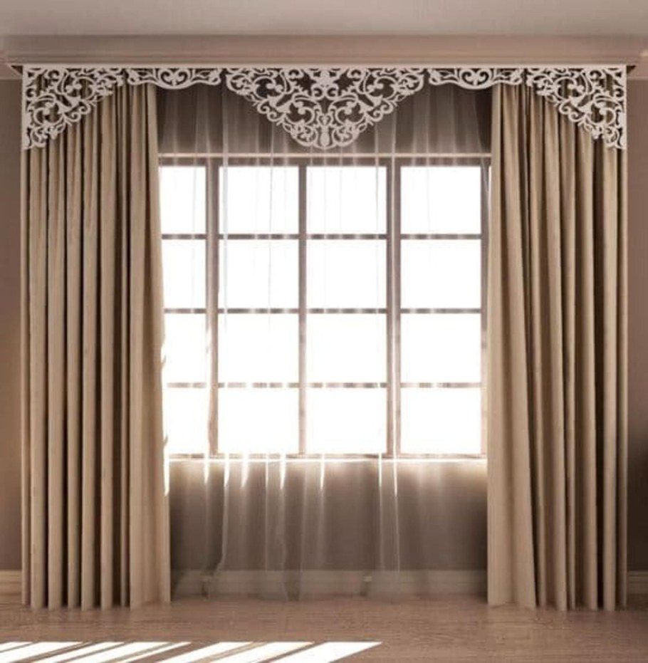 Шторы с жёстким ламбрекеном в зал