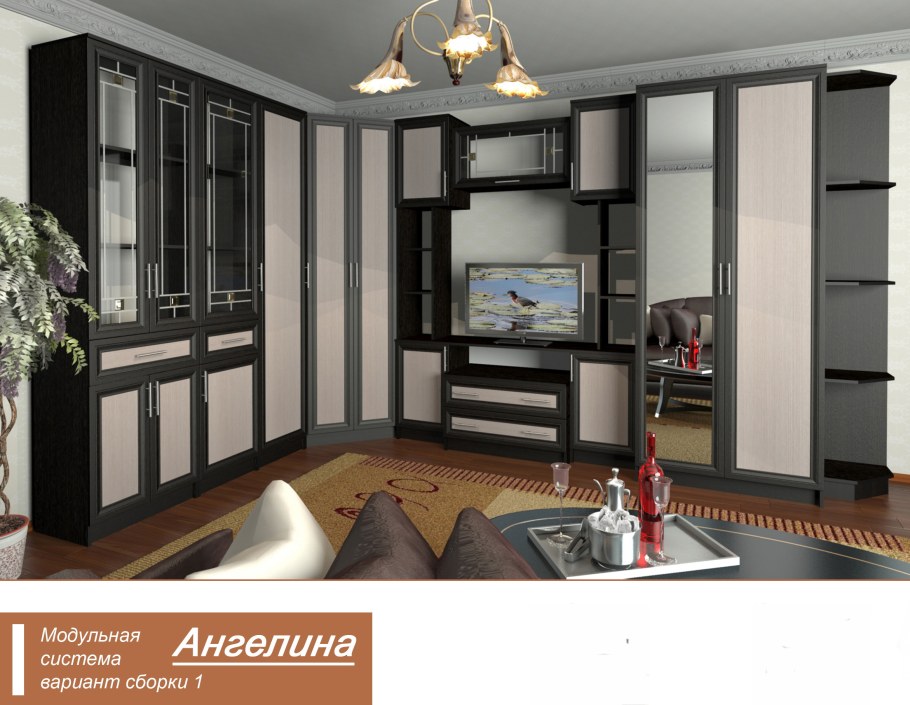 Угловая стенка в гостиную с телевизором в углу