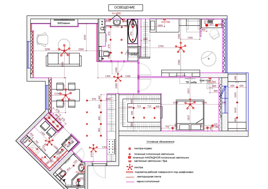 План освещения помещения чертеж