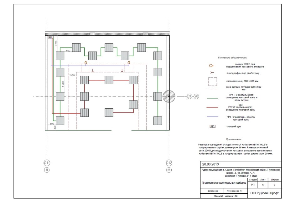 План осветительных приборов с привязкой к выключателям
