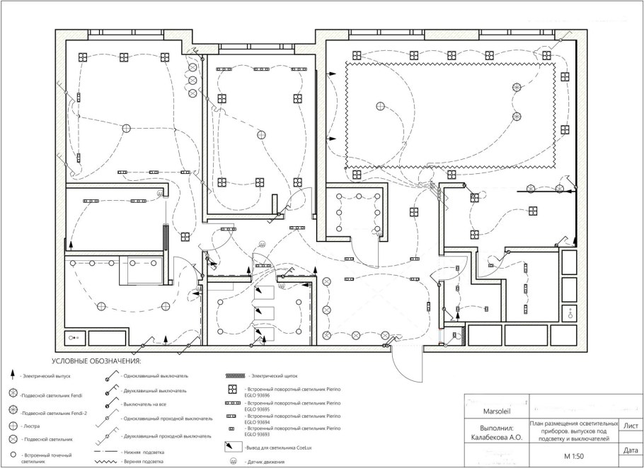 Привязка осветительных приборов на чертеже