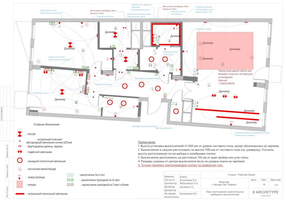 Расположение светильников на чертеже