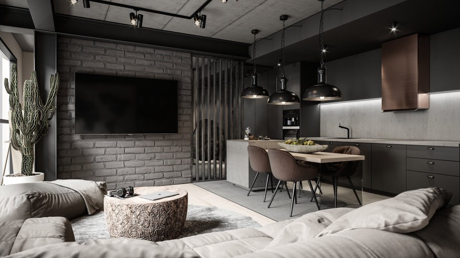 Интерьер лофт гостиная 15кв