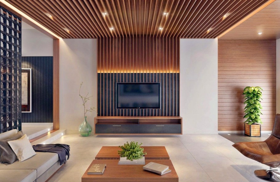 Прихожая с деревянными рейками