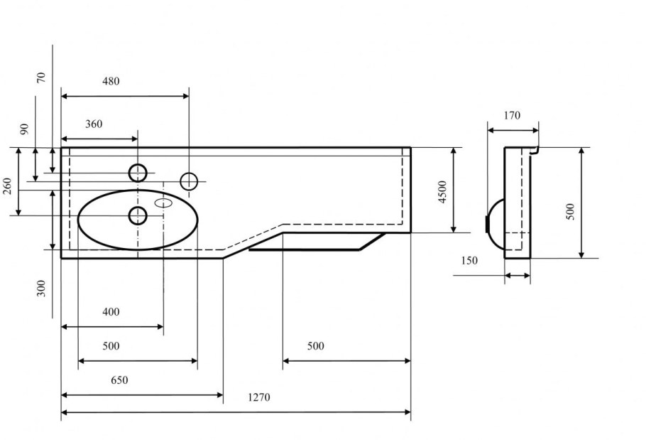 Раковина отель 127 левая 1a70113wot01l