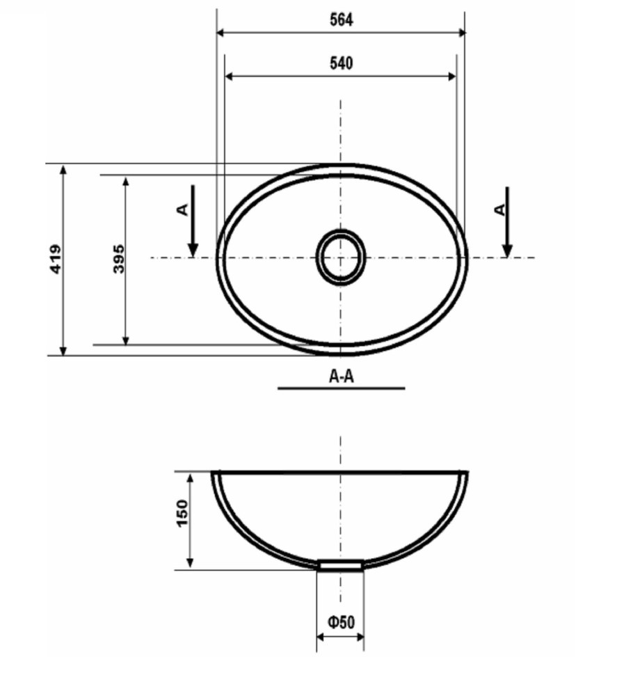 Раковина Эклипс чертёж под столешницу 565 на 505