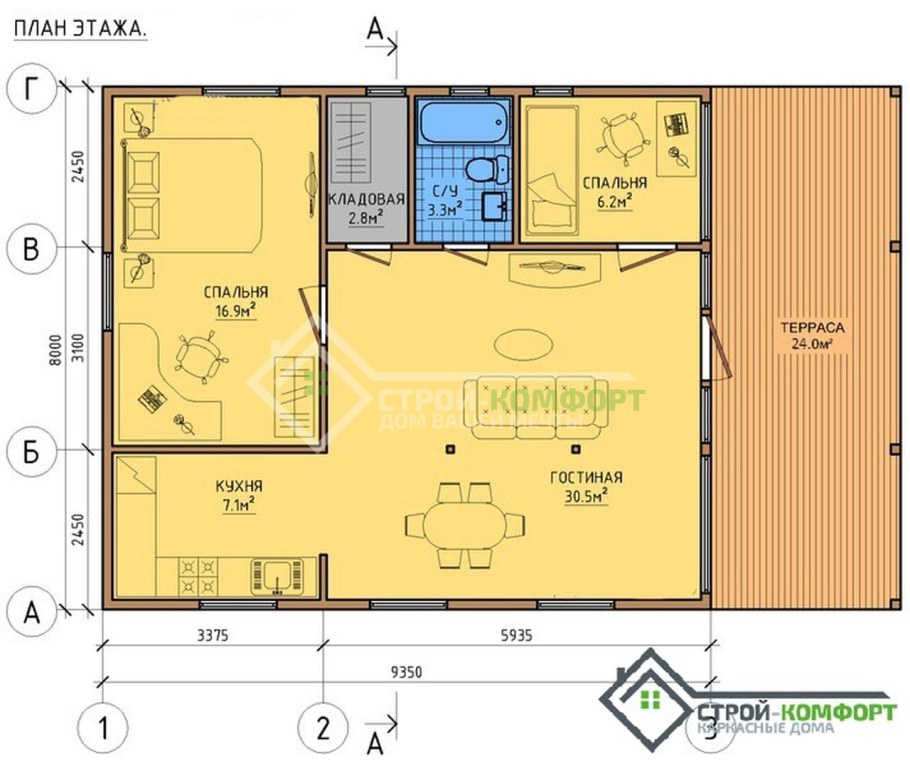 Чертёж каркасного дома 6х4