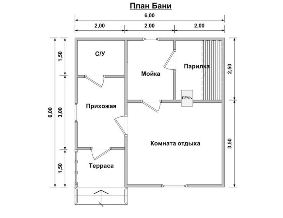 Планировка каркасной бани 6х6