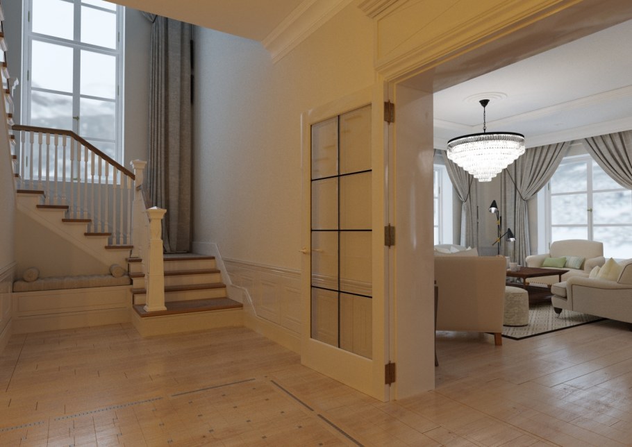 Внутренний интерьер двухэтажного дома 120 м2