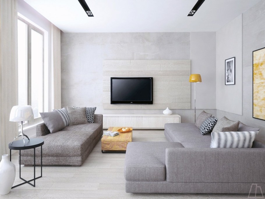 Серый диван в интерьере гостиной