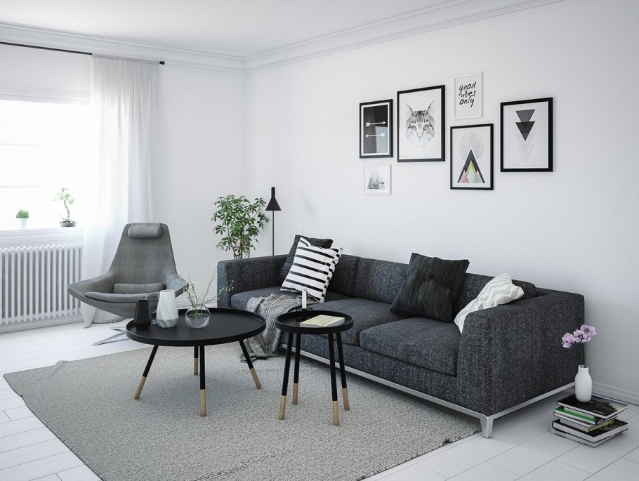 Серый диван в интерьере гостиной