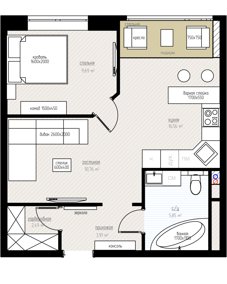Планировка двухкомнатная квартира 45 кв