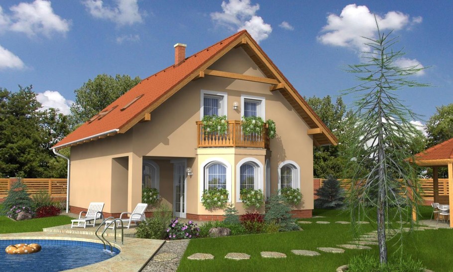 Двухэтажный дом с балконом и садом