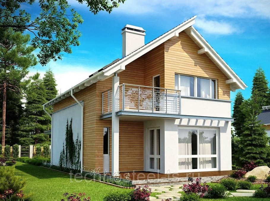 Двухэтажный дом с мансардой и балконом