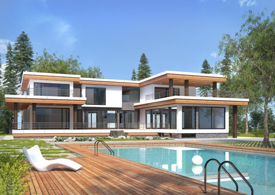 Двухэтажный дом с верандой и бассейном