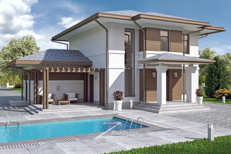 Двухэтажный дом с бассейном и гаражом