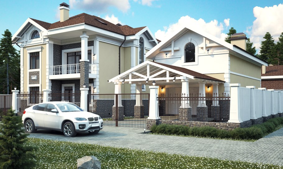 Двухэтажный дом с забором