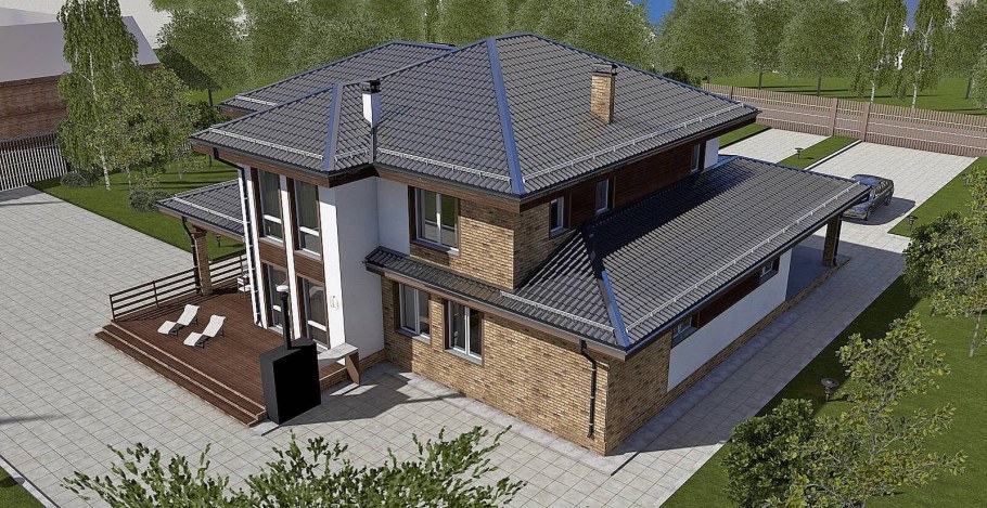 Двухэтажный коттедж с гаражом и террасой