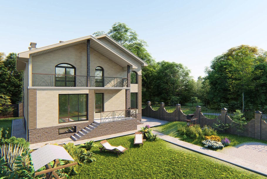 Проекты двухэтажных домов с террасой и балконом и панорамными окнами