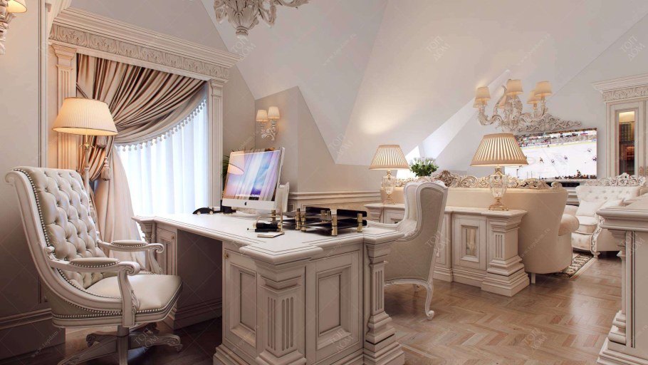 Кабинет в классическом стиле в светлых тонах