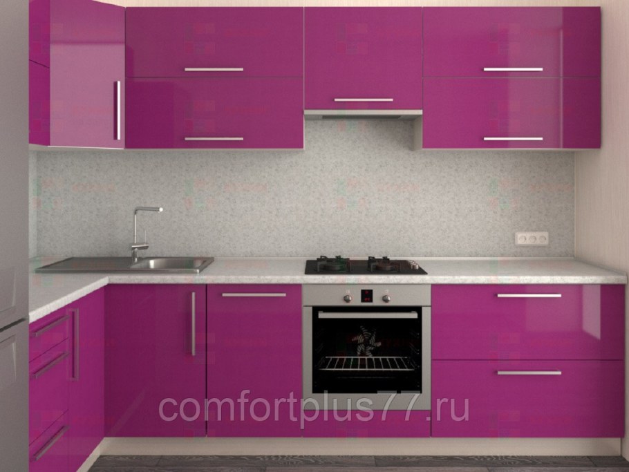 Фиолетовая кухня с черной столешницей