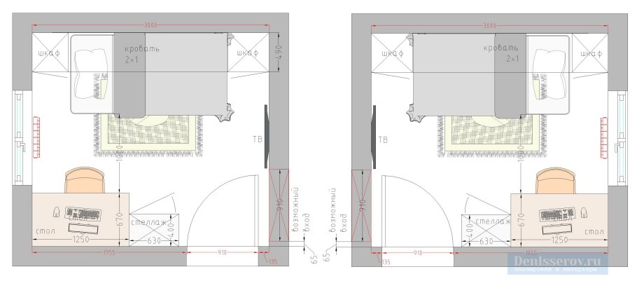 Планировка детской комнаты мебелью и размерами