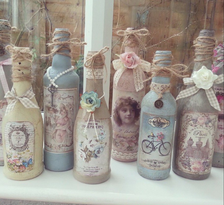 Декупаж бутылок в стиле шебби Шик