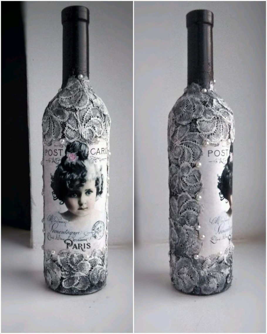 Декор стеклянной бутылки кружевом