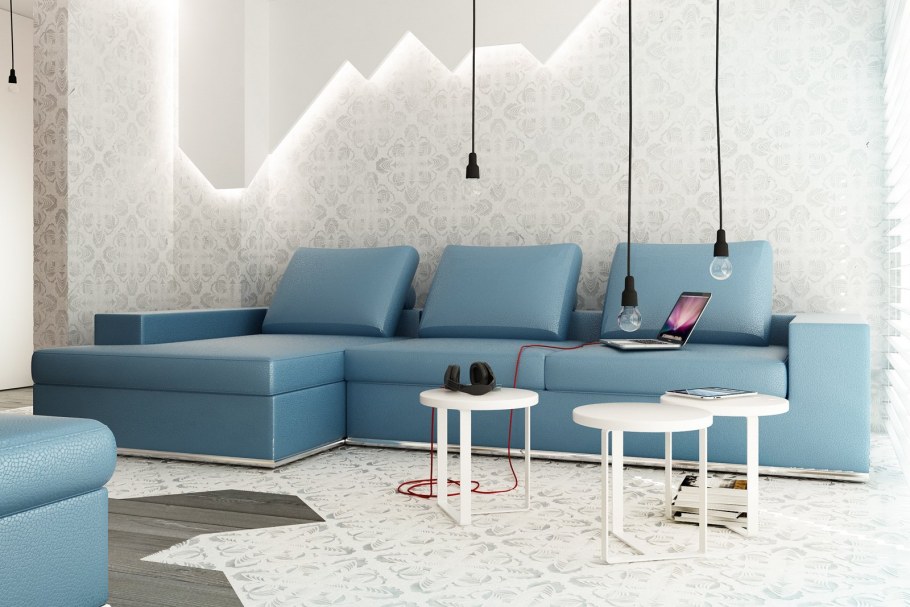 Диван синего цвета в интерьере