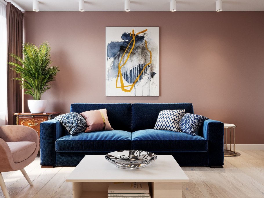 Синий диван и синие шторы