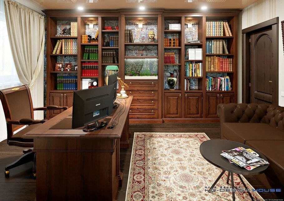 Интерьер домашней библиотеки кабинета