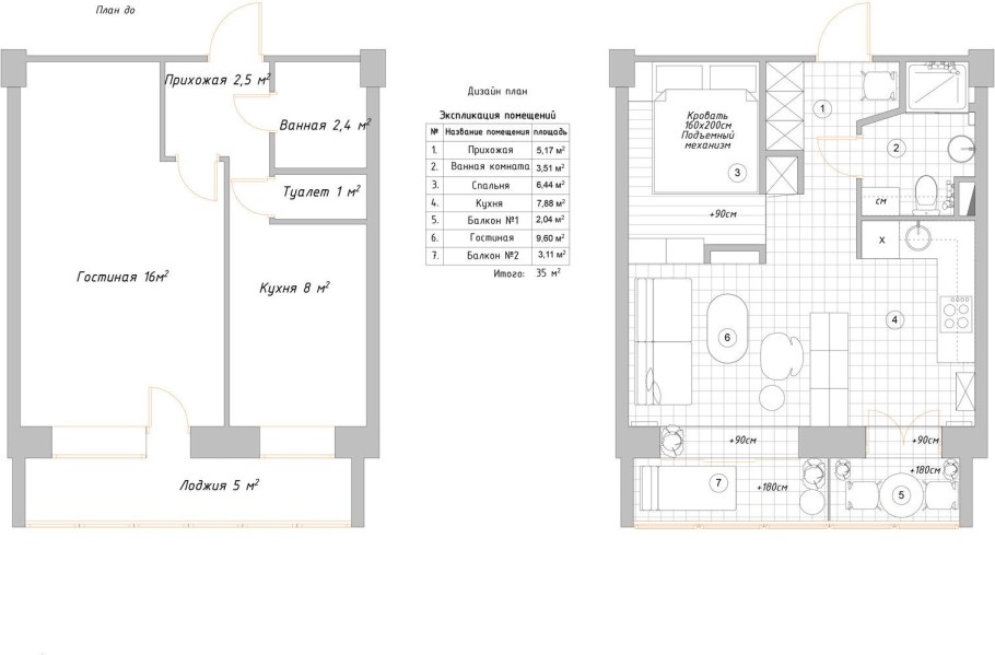 План перепланировки 1 комнатной квартиры 35 кв.м