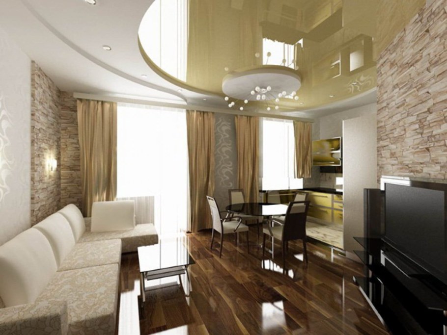 Серый натяжной потолок в комнате