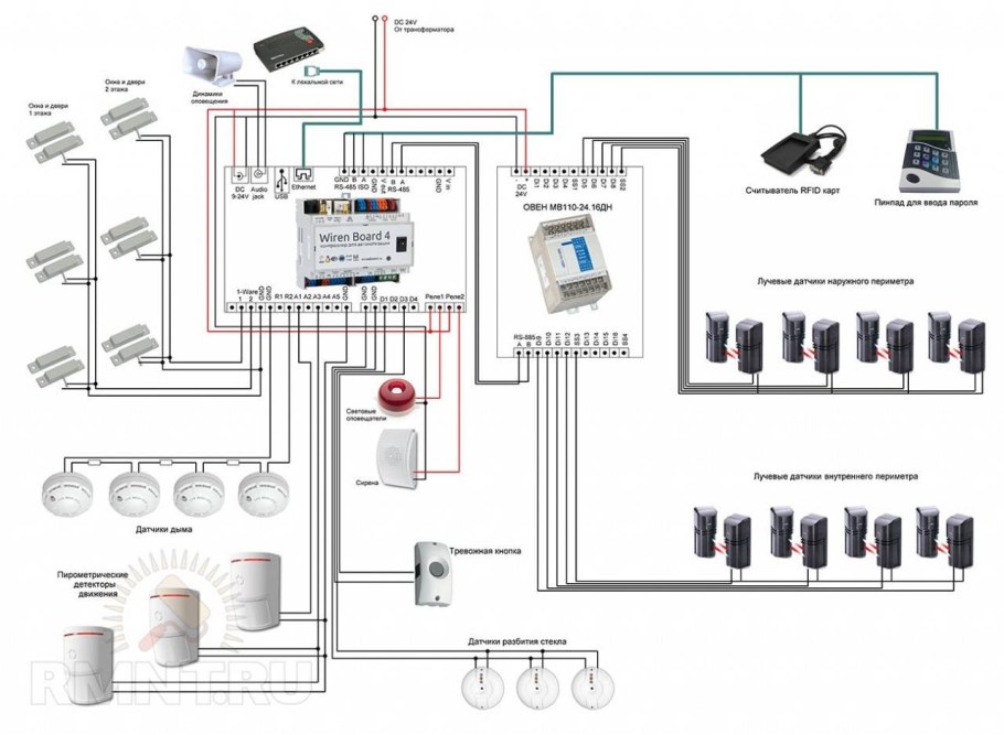 Схема монтажа датчиков охранно-пожарной сигнализации