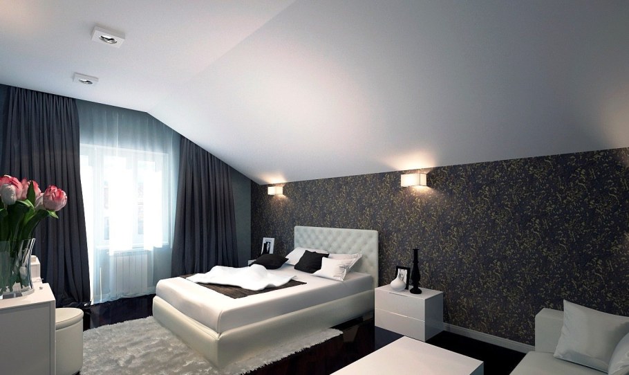 Темные натяжные потолки в спальне