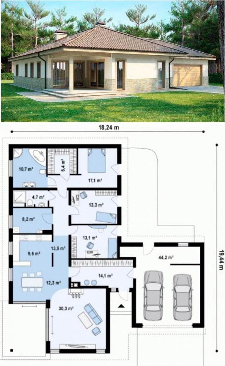 Одноэтажный дом 100м2 с 3 спальнями и с гаражом