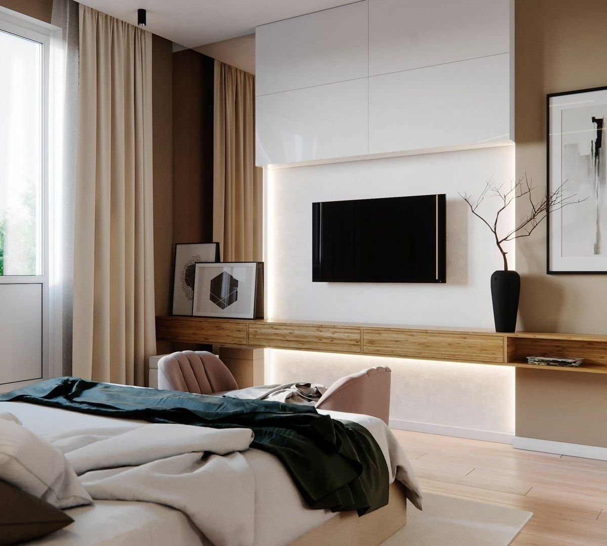 Телевизор перед кроватью. Телевизор в спальне. Телевизор в спальне на стене. Интерьер спальни с телевизором. ТВ зона в спальне.
