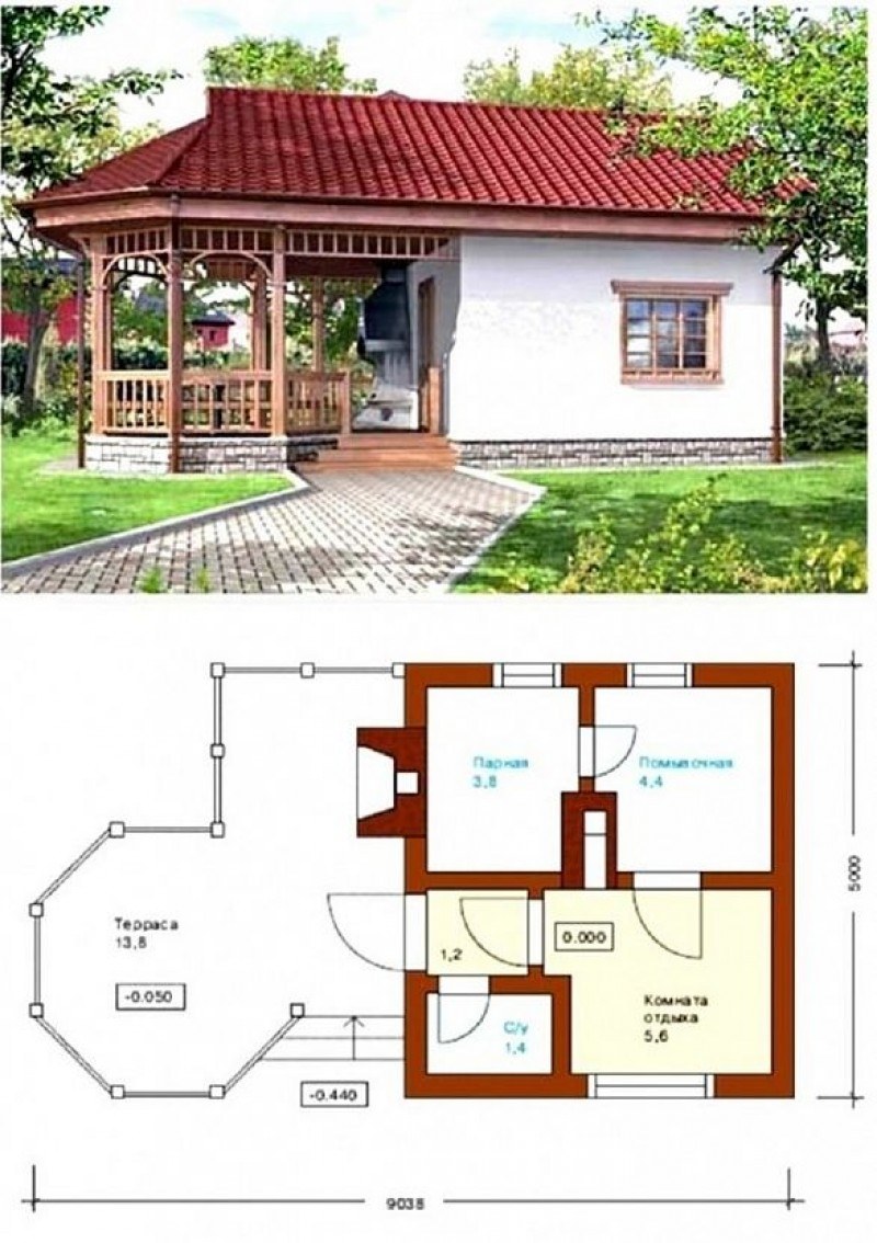 Планировка бани с беседкой под одной крышей