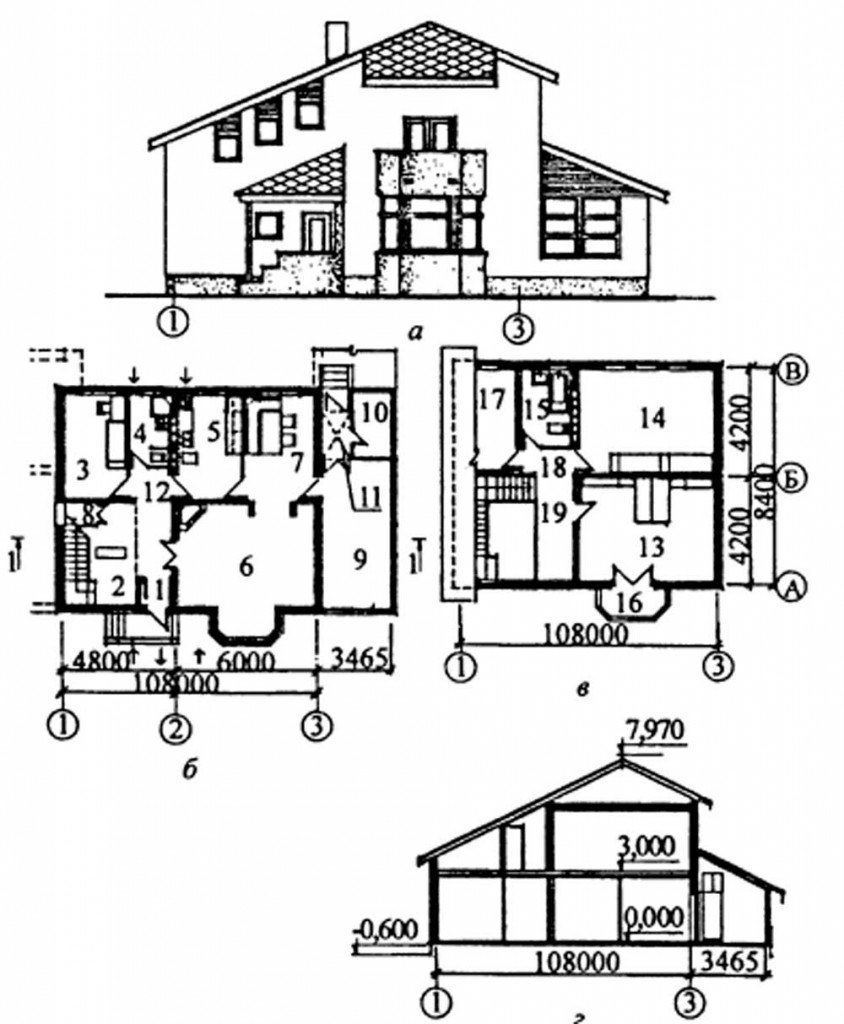 Чертеж двухэтажного здания план фасад разрез