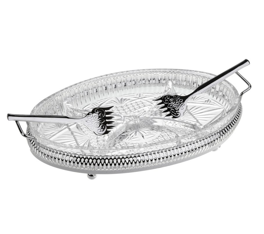 Менажница 3 секции с 3 крышками Queen Anne 32х13см, стекло, золото