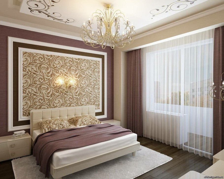 Обои с молдингами в интерьере спальни