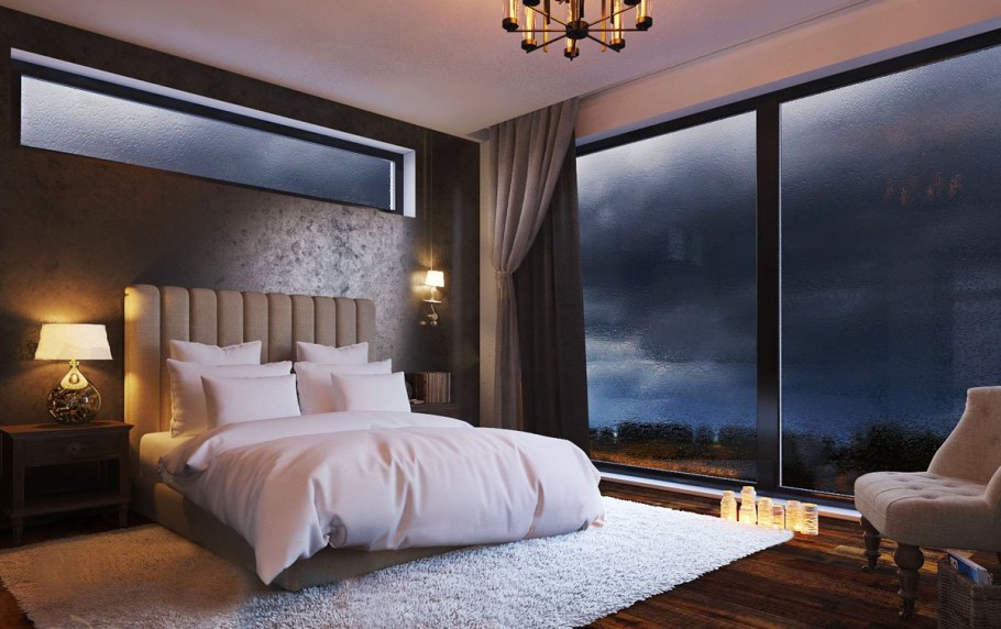 Спальня с большими окнами