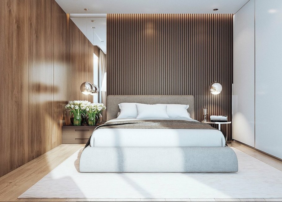 Рейки в интерьере спальни