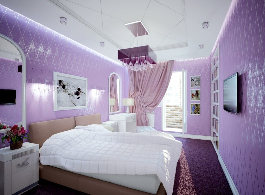 Спальня в хрущевке в сиреневых тонах