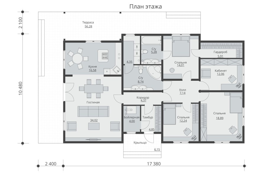 Дом с 4 спальнями одноэтажный 150 м2