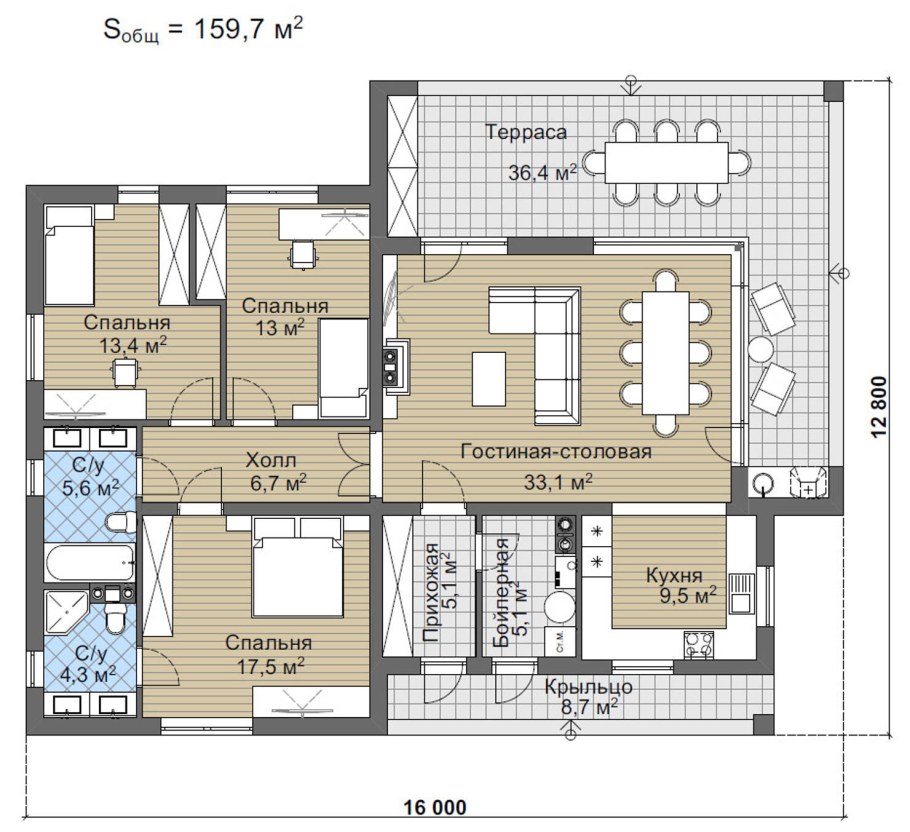 Дом 110 кв.м одноэтажный 4 спальни гостиная планировка