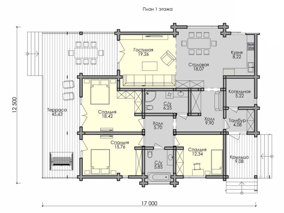 Одноэтажный дом из клееного бруса планировка