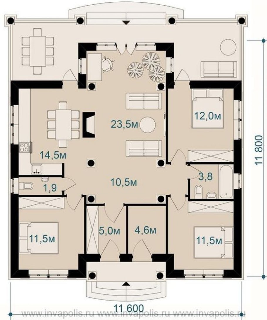 Планировка одноэтажного дома 11 на 11 с тремя спальнями